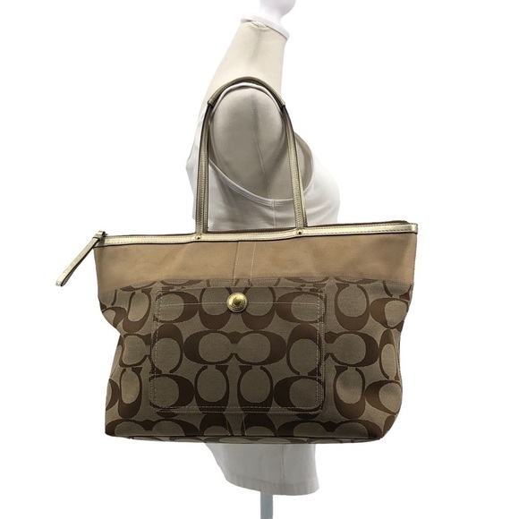 Coach Zippered East West Tote Bag Signature C Print Brown /Tan Gold Leather Trim - Picture 4 of 10